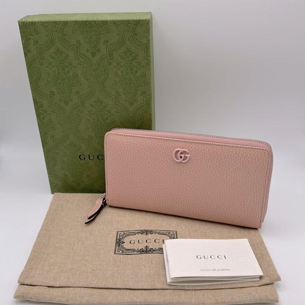 NEW GUCCI GG MARMONT PINK ZIP AROUND LEATHER WALLET BOX!